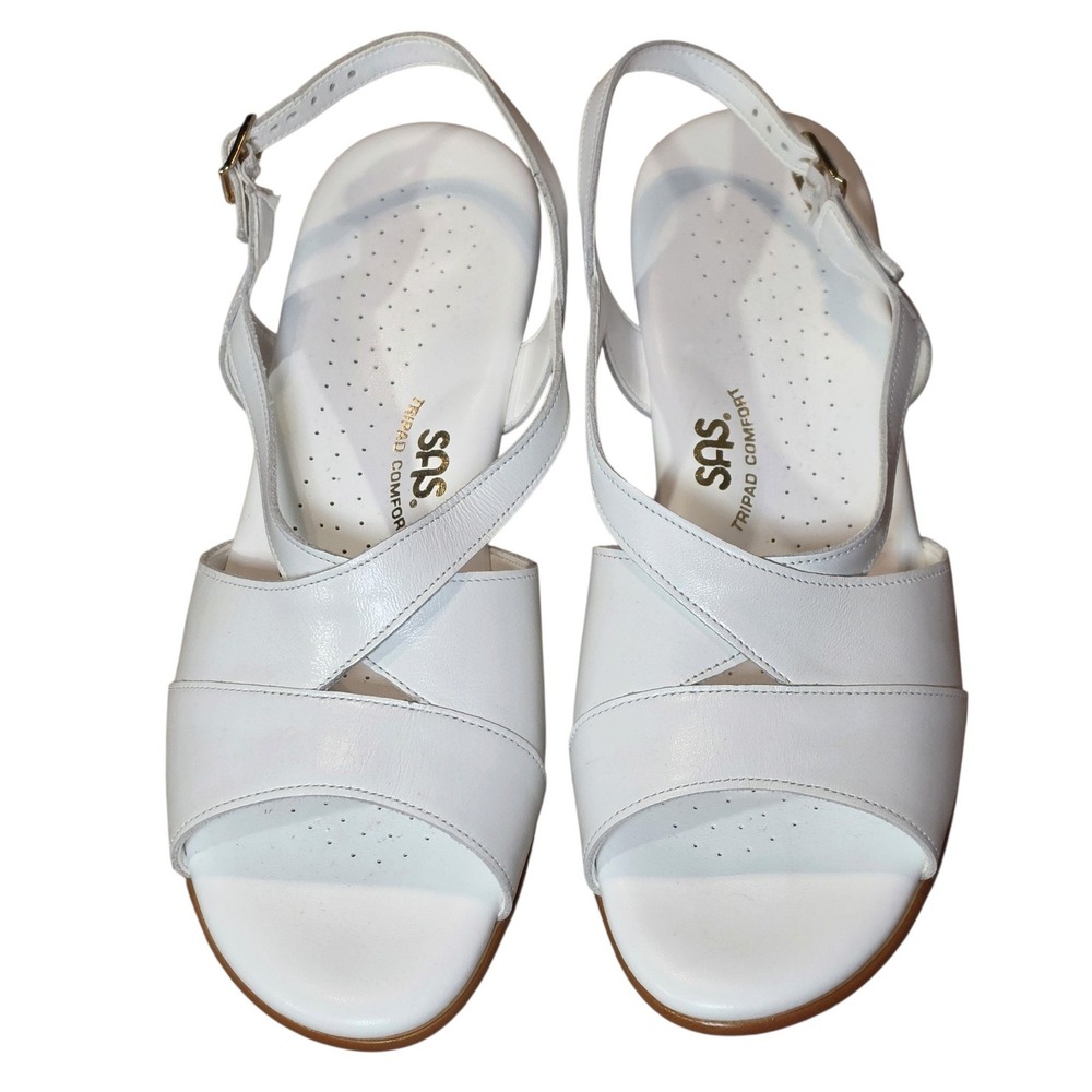 NEW SAS Womens 10 M Wedge Sandals White Leather Tripad Comfort Slingback Strappy